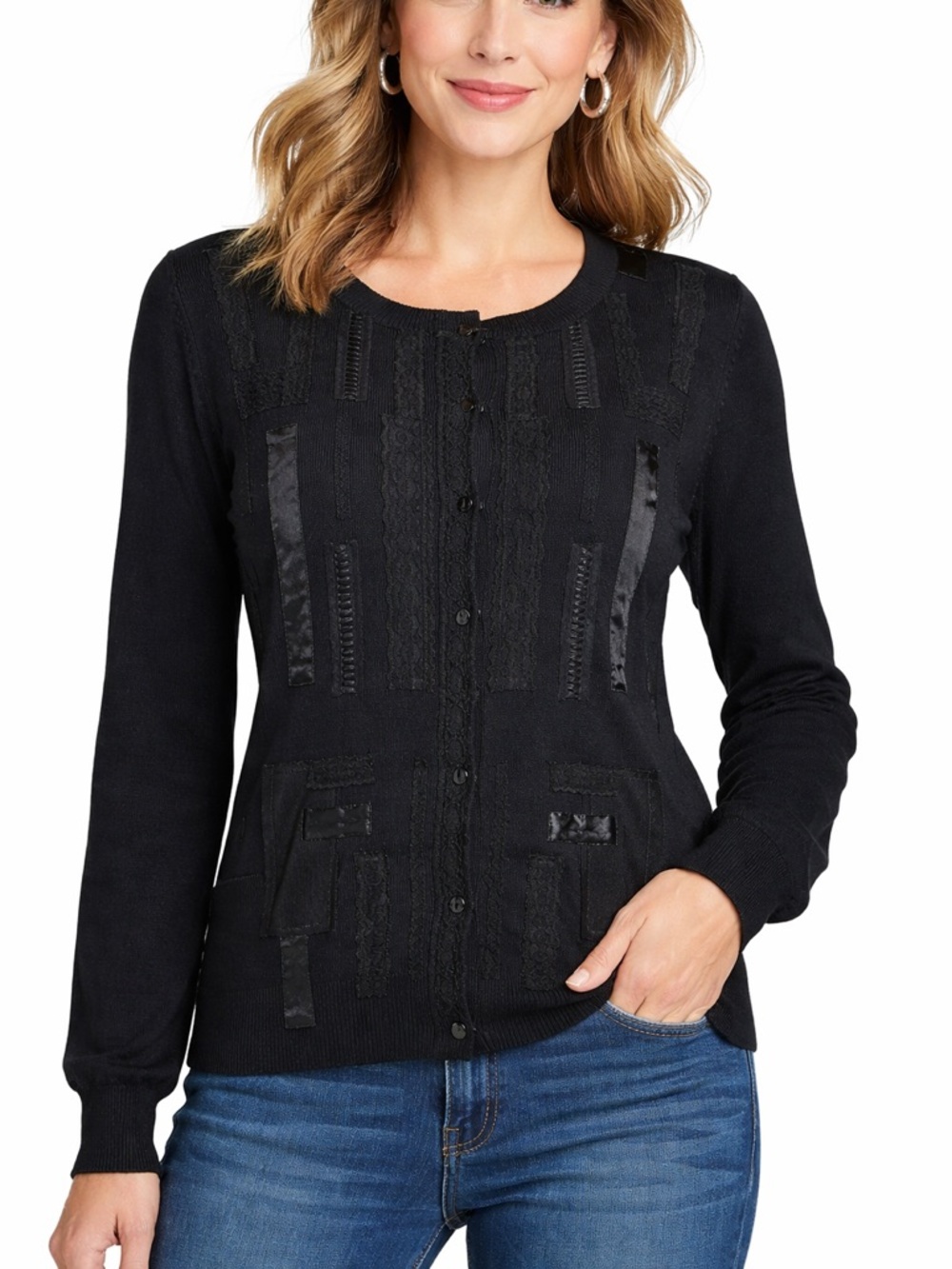 Betu Sport Black Appliqué Ribbon Satin Mixed Media Cardigan Sweater Size Medium